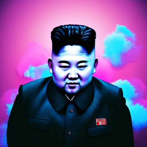 Prompt: dramatic lighting photo of a beautiful kim jong - un with cotton candy hair. paint splashes. moody and melancholy. with a little bit of cyan and pink