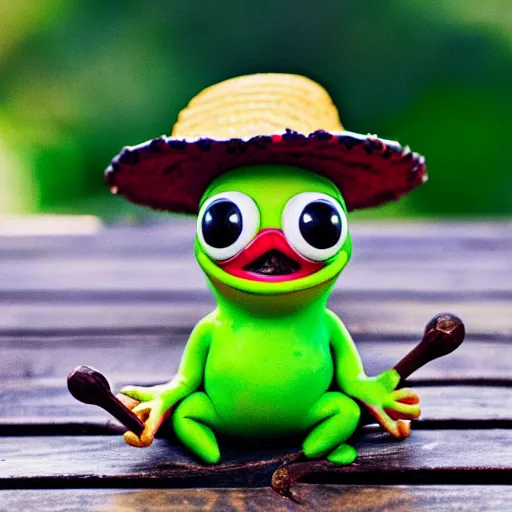 Image similar to baby pepe the frog wearing a tiny sombrero, holding maracas, larg eyes, sitting on a log, pixar, disney, dynamic lighting, bokeh