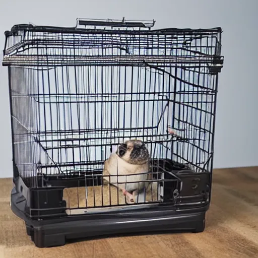 Prompt: a hamster cage with a pug gerbil hybrid inside by the wheel