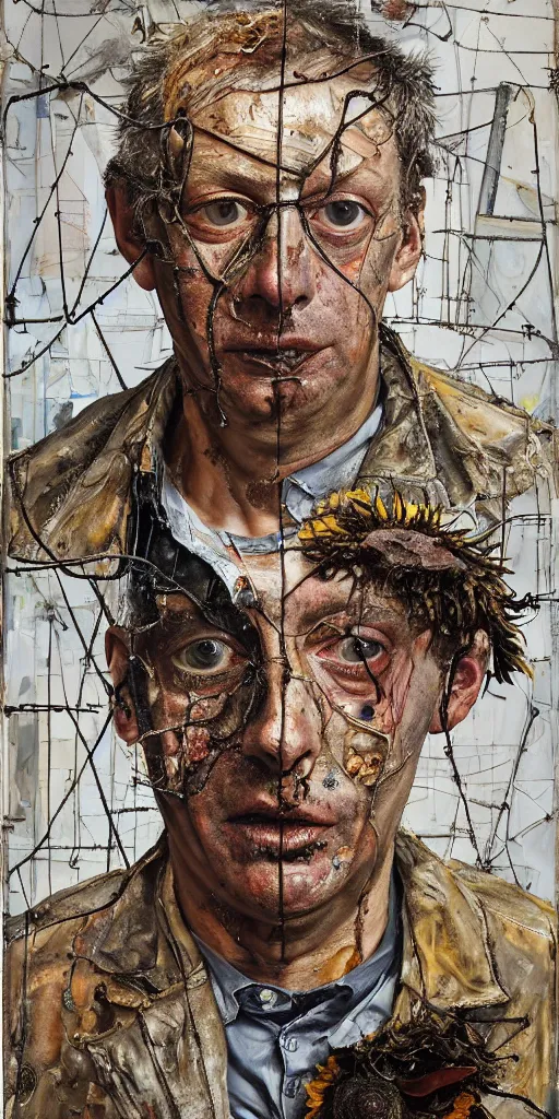 Image similar to a full length portrait of a very ordinary middle-aged man with a terrified expression, Anselm Kiefer and Lucian Freud and Jenny Saville, oil painting, rust, Scaffolding, rusted metal and sunflowers, iron cladding, decay, mixed media, textured, anatomically correct, beautiful perfect face, visible brushstrokes, sharp focus, twisted wire, Highly Detailed, nails, photographic emulsion cracked and peeling, Cinematic Lighting, 8k, HD