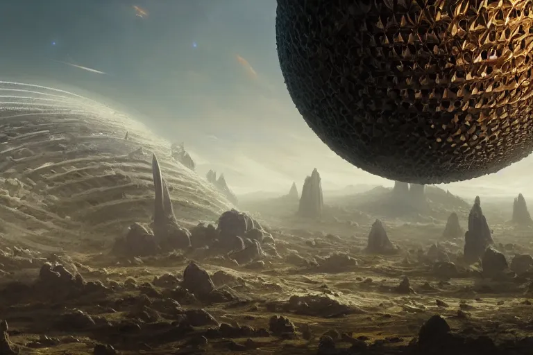 Image similar to A very highly detailed dyson sphere next to a very tiny and very highly detailed smooth Earth concept art by Greg Rutkowski, neofuturistic highly detailed, digital concept art, Dimensional cyan gold natural light, sharp focus, realistic concept art by Stephen Hickman and James Gurney and Hiromasa Ogura rendered in Octane Render, From the distance