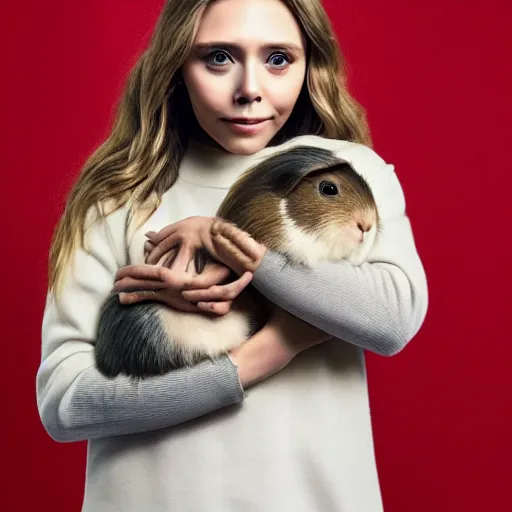 Image similar to Elizabeth Olsen holding a guinea pig in her hands, photorealistic, 4k, 8k, trending on artstation