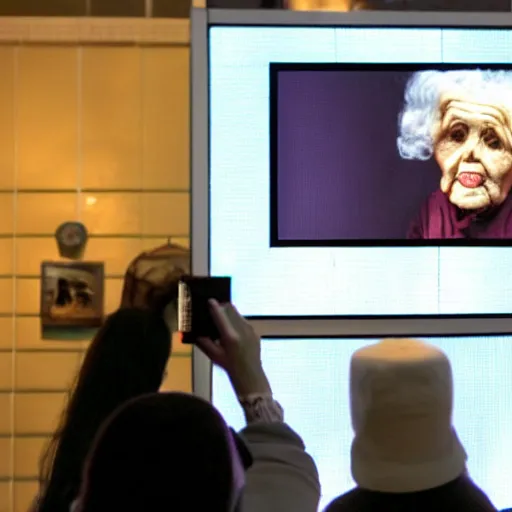 Image similar to taking a photo of an old woman with the screen showing scary realistic aliens, background showing old lady