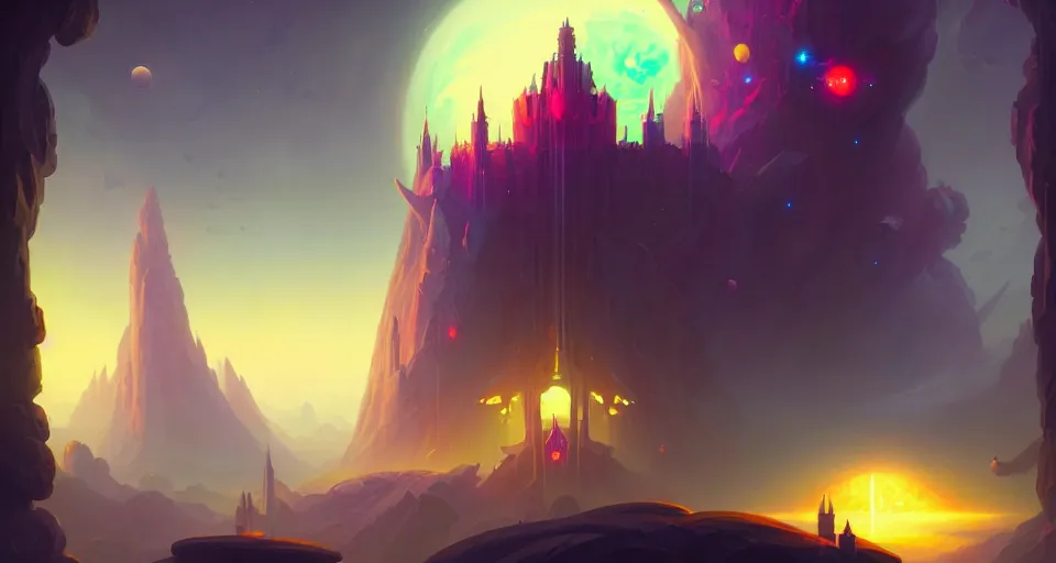 Image similar to space castle by peter mohrbacher, vivid colors, matte painting, 8K, concept art, mystical color scheme, trending on artstation, unreal engine