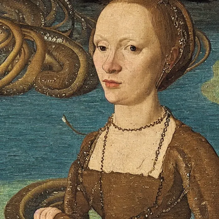 Prompt: a closeup portrait of a woman, swimming in a lake full of millions of eels and jellyfish, early netherlandish painting