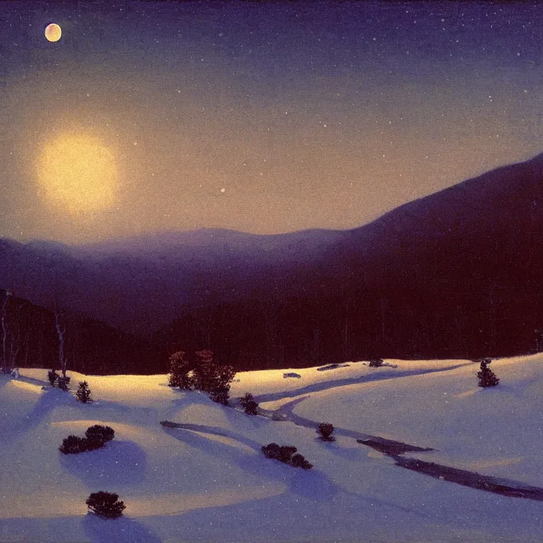 Prompt: new hampshire, mountains, winter, night, moon light, luminous, arkhip kuindzhi, glaze oil painting