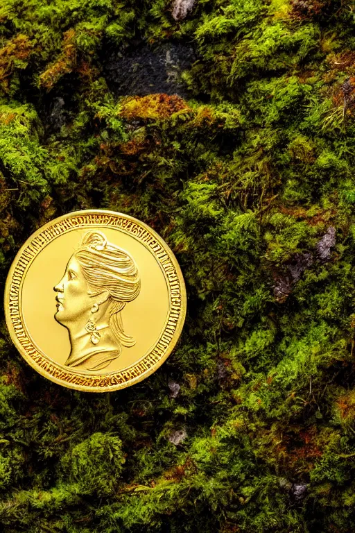 Image similar to SA magical gold coin on a bed of moss, dramatic lighting, cinematic, establishing shot, extremely high detail, foto realistic, cinematic lighting, post processed, concept art, high details, cinematic, 8k resolution, beautiful detailed, photorealistic, digital painting, artstation, concept art, smooth, sharp focus, artstation trending, octane render, unreal engine