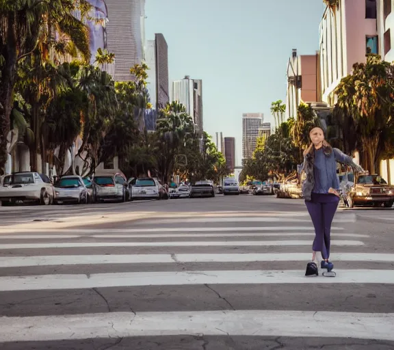 Image similar to photo of an average los angeles street, cinematic color grading, various poses, soft light, faded colors, well framed, sharp focus, 8 k