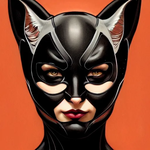 Image similar to symmetry!! front - faced portrait of catwoman, intricate, elegant, highly detailed, my rendition, digital painting, artstation, concept art, smooth, sharp focus, illustration, art by artgerm and greg rutkowski and alphonse mucha