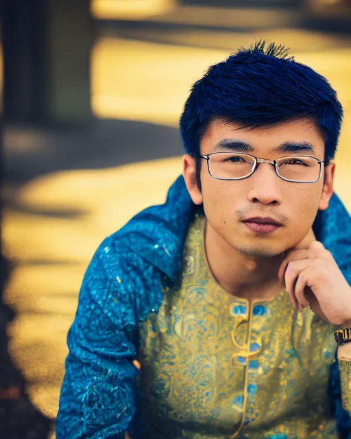 Image similar to gold, blue, photo of an asian male, 8 5 mm f 1. 8