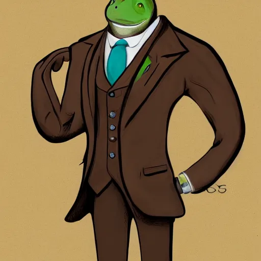 Prompt: frog in brown three. piece suit with pocket watch, concept art style