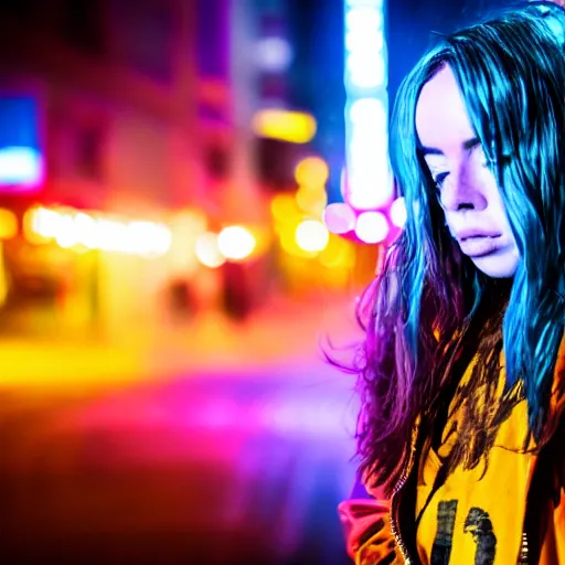 Prompt: billie eilish in the street, explosion of neon lights, close up, 5 0 mm lens, model photography derailed realistic