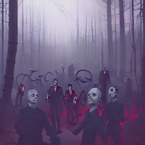 Prompt: demonic satanic gathering of the lost souls, red hellfire, carnage, ghosts and spirits of mexico, men dressed in black suits, living dead, artstation, tooth wu, cel shading, beeple moods, beautiful ambience, forest