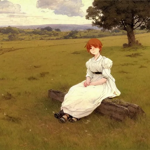 Prompt: a girl sitting in a meadow, portrait, art by walter langley, anime wallpaper, pixiv, walter langley style