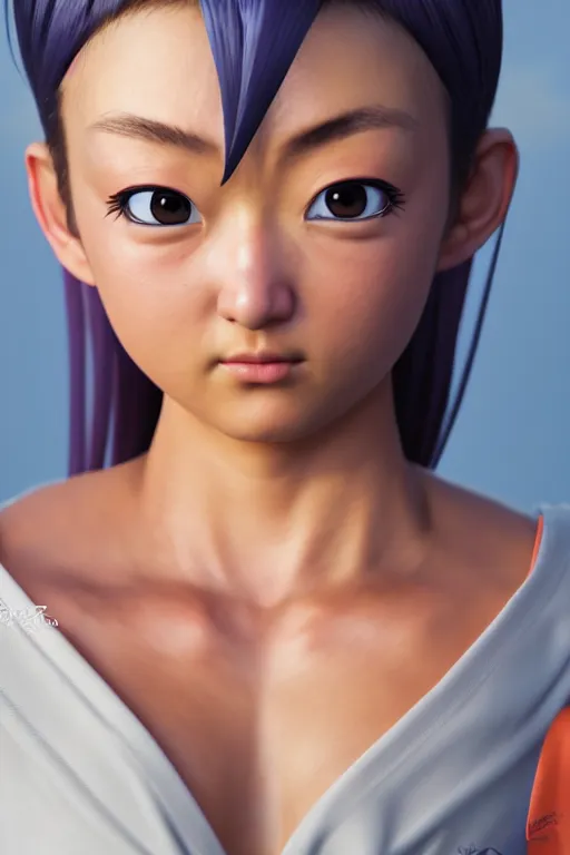 Image similar to photorealistic high resolution 3d render of kawaii female goku, unreal engine 5, trending on artstation, volumetric lighting, subsurface scattering, highly detailed realistic human skin texture