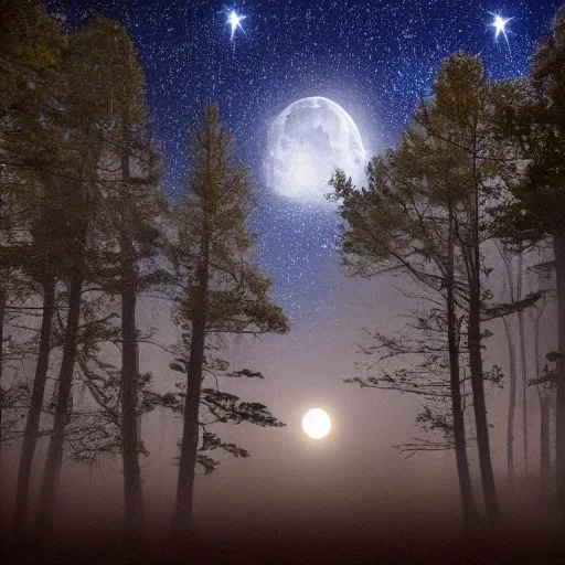 Prompt: photo of a ghost at forest at night, with moonlight, stars and fog