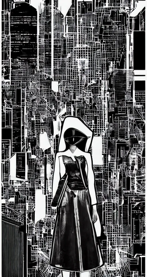 Image similar to cypherpunk full body fashion illustration of the void, camera face, black and white, city street background with high tall buildings, central park, diane arbus, abstract portrait highly detailed, finely detailed