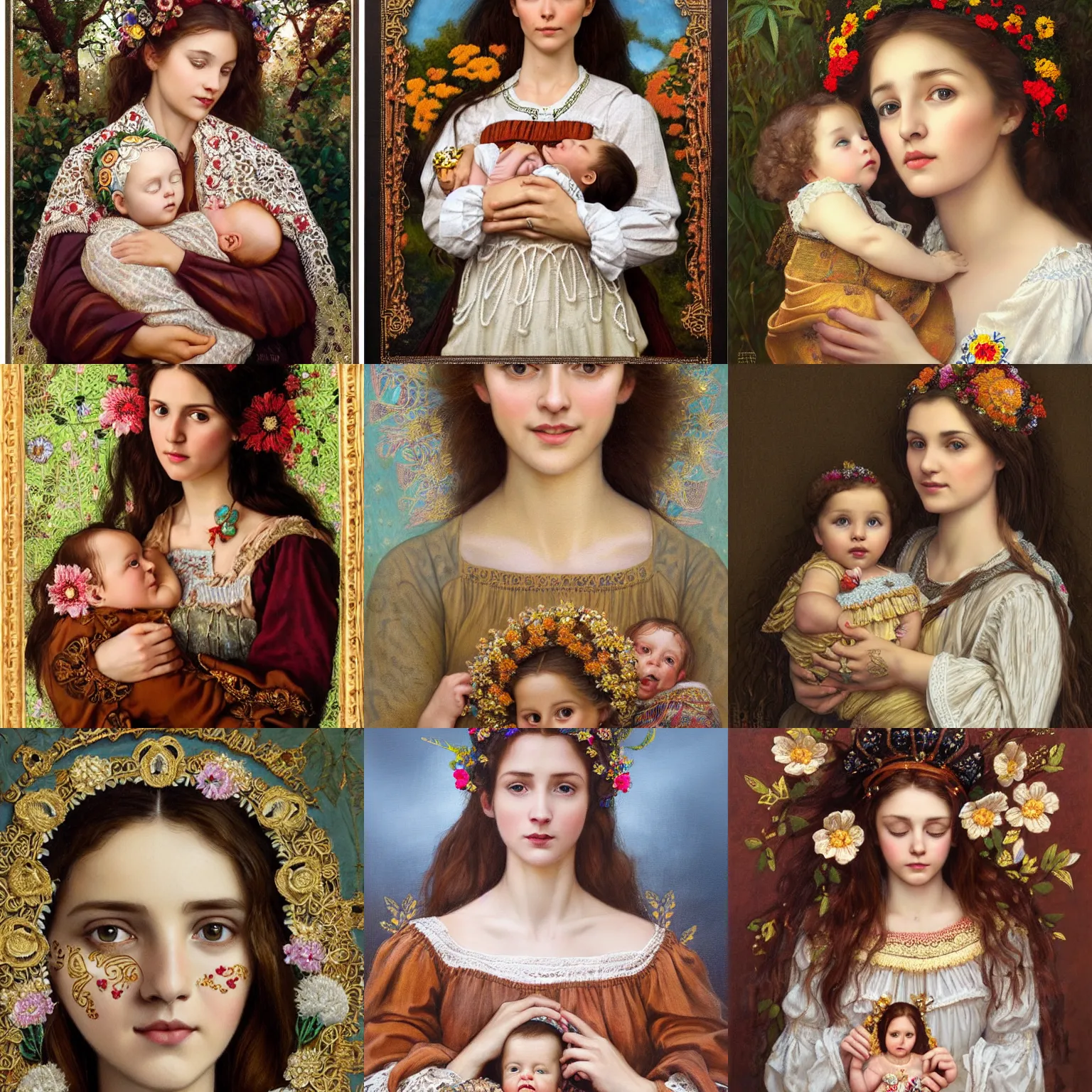 Prompt: brown haired lady with little baby in her hands, embroidered shirt, ukrainian national costume, filigree crown with textile embroidery flowers, ukrainian madonna, pre - raphaelite beautiful, playful smile, detailed portrait, intricate complexity, acryl painting, icon, charlie bowater, tom bagshaw, alexis franklin, elena masci, pawel rebisz