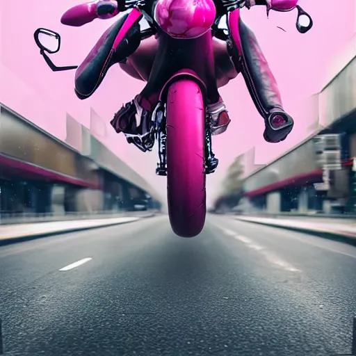 Image similar to hyper realistic, photo, humanoid pink female Squid girl, popping motorcycle wheelie on fast in the rainy city traffic