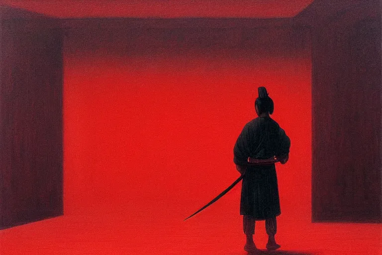 Image similar to only with red, a red samurai harakiri, tokio, a lot of frogs watch, in the style of beksinski, parts by edward hopper, parts by rodcenko, parts by yue minjun, intricate and epic composition, red by caravaggio, insanely quality, highly detailed, masterpiece, red light, artstation, 4 k