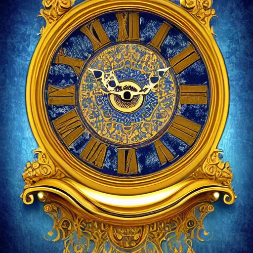 Image similar to an ornate golden wall clock in blue room, digital art, highly detailed, high contrast, beautiful lighting, award winning, trending on art station, photorealistic, 8 k,