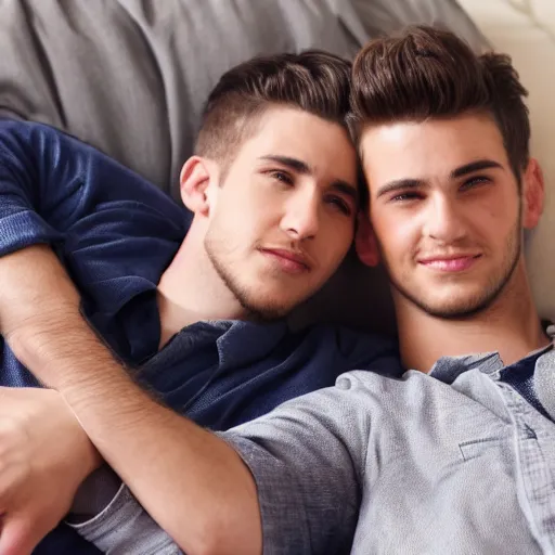 Prompt: two very handsome young men are cuddling on the couch