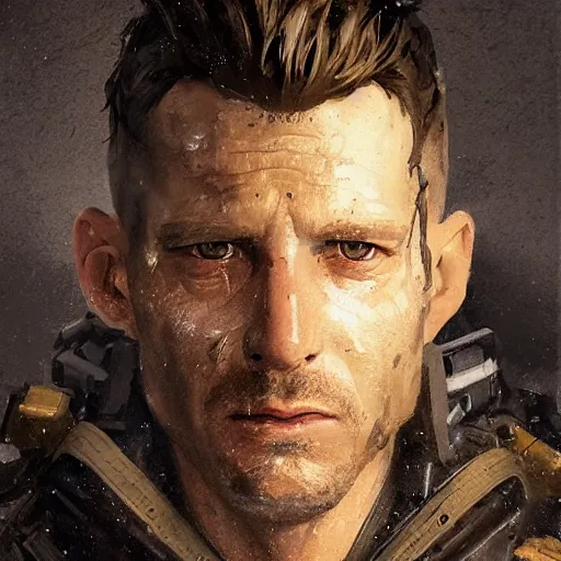 Prompt: Portrait of a man by Greg Rutkowski, he is about 40 years old, english pirate features, attractive, military composure, short brown hair, chilean, father image vibes, he is wearing futuristic military fatigues, highly detailed portrait, digital painting, artstation, concept art, smooth, sharp foccus ilustration, Artstation HQ.