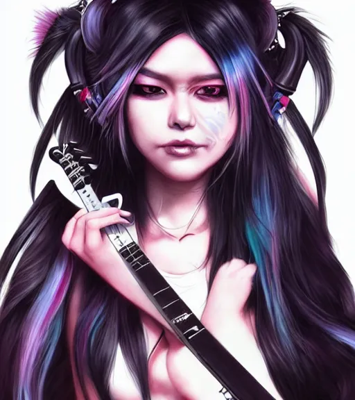 Image similar to ibuki mioda, a japanese punk girl with hair horns and streaked hair, rocking out, awesome, art by stanley lau, artgerm, rossdraws, ross tran, sakimichan, cyarine, beautiful art