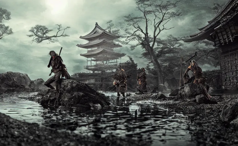 Image similar to highly detailed digital illustration of ninja shinobi in the black puddle in old, ruined, japanese village from sengoku period, surrounded by the black desert, with dark rocks, cinematic lighting, photobash, raytracing, volumetric lighting