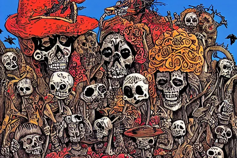 Image similar to scene from zoo, day of all the dead, skeletons, artwork by jean giraud