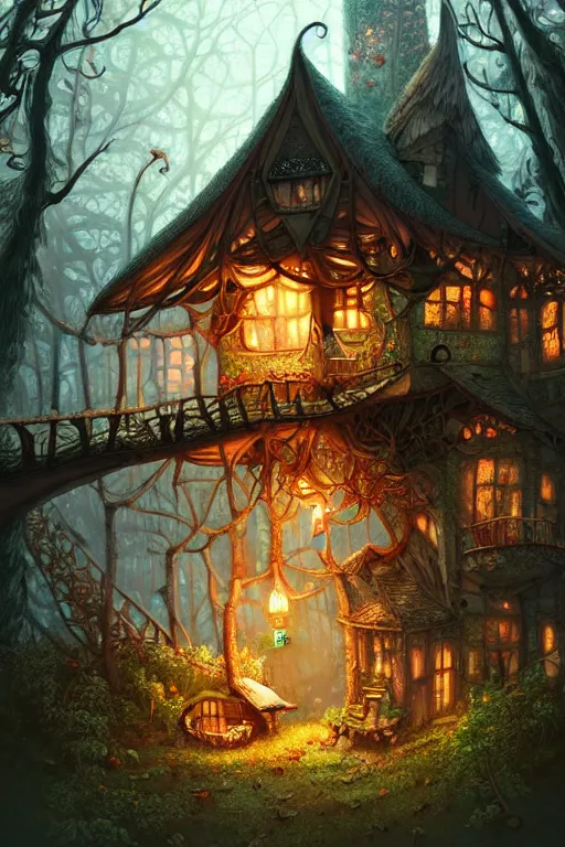 Image similar to a storybook illustration of a ramshackle multistory fairytale hut in the forest, intricate, elegant, fantasy, highly detailed, digital painting, concept art, sharp focus, artstation