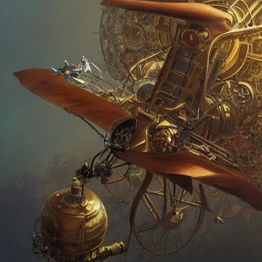 Prompt: a highly detailed digital image of a steampunk flying machine, concept art, artstation, cgsociety, very detailed, intricate, detailed illustration, by greg rutkowski and alphonse mucha, Paul Lehr and Beeple, iridescent accents, ray tracing, product lighting, sharp, smooth, masterpiece, cinema 4D