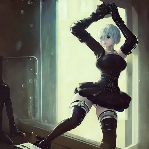 Prompt: highly detailed painting of 2 b from nier automata wearing a latex suit drunk in a bar, stephen bliss, 8 k, by greg rutkowski, loish, rhads, artgerm, ferdinand knab, makoto shinkai and lois van baarle, ilya kuvshinov, rossdraws, global illumination, radiant light, detailed and intricate environment