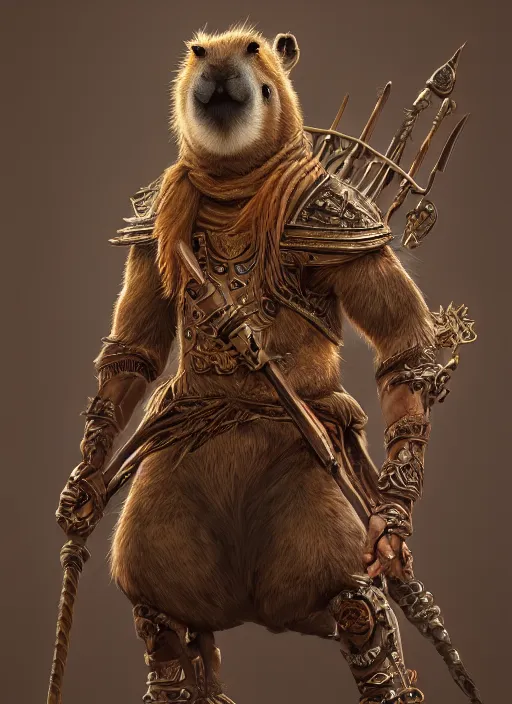 Image similar to detailed concept art illustration painting of an anthropomorphic capybara warrior in full intricate armor, ultra detailed, digital art, octane render, 4K