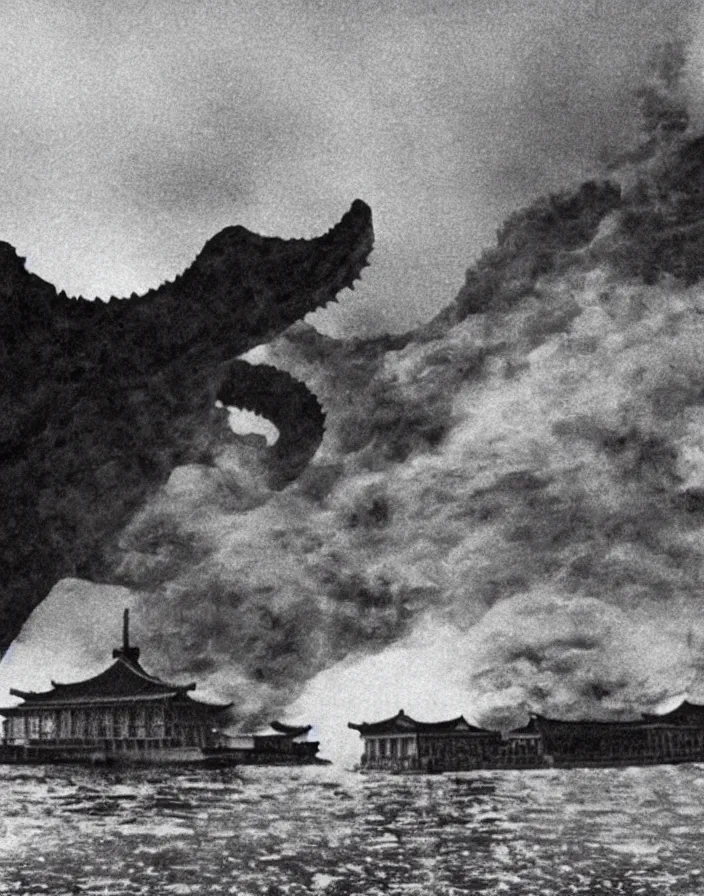 Image similar to a filmstill of a north korean monster movie, kaiju - eiga monster starfish - like trampling a traditional korean palace, foggy, film noir, epic battle, etheral, explosions, communist propaganda, communist epic thriller, by akira kurosawa and wes anderson video compression