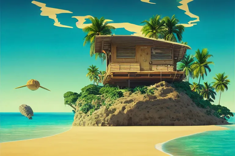 Image similar to a tropical beach cottage by paolo eleuteri serpieri and tomer hanuka and chesley bonestell and daniel merriam and tomokazu matsuyama and makoto shinkai, clearly defined outlines, unreal engine, high resolution render, featured on artstation, octane, 8 k, highly intricate details, vivid colors