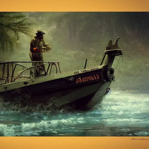 Image similar to jungle river army patrol boat tail of a crashed plane in the water, moody ambience, fog, smoke, dramatic, painting by mullins, repin, mucha, zorn, 4 k, trending on artstation