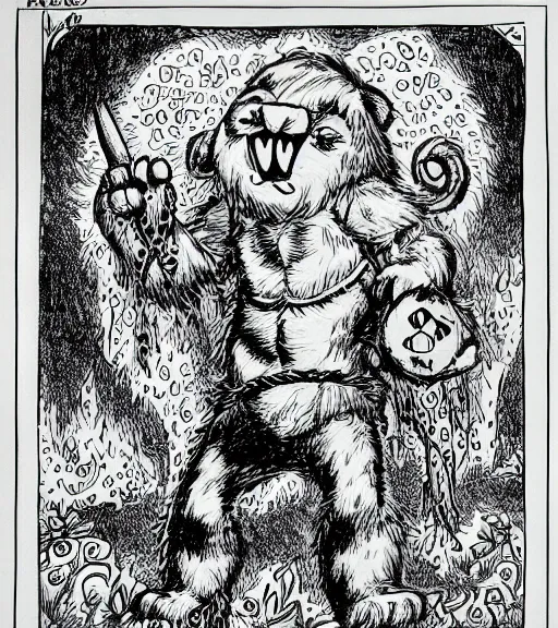 Image similar to a care bear as a d & d monster, pen - and - ink illustration, etching, by russ nicholson, david a trampier, larry elmore, 1 9 8 1, hq scan, intricate details, high contrast