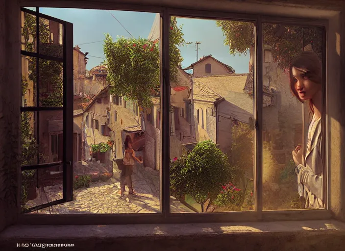 Image similar to seen through a window, italian village, by ilya kuvshinov, rtx rendering, octane render 1 2 8 k, maya, extreme high intricate details by tom bagshaw, composition by sana takeda, lighting by greg rutkowski