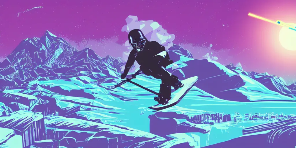 Prompt: vaporwave, vector graphics, synthwave, neon, darth vader snowboarding