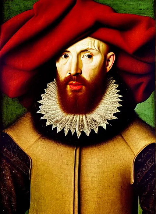 Prompt: portrait of chris evans, oil painting by jan van eyck, northern renaissance art, oil on canvas, wet - on - wet technique, realistic, expressive emotions, intricate textures, illusionistic detail