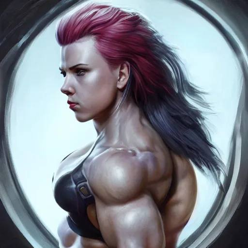 Image similar to detailed portrait of scarlett johansson as a female bodybuilder zarya from overwatch, attractive, beautiful, fantasy, intricate, elegant, highly detailed, digital painting, artstation, concept art, matte, sharp focus, illustration, art by aenaluck, artgerm and roberto ferri and greg rutkowski, epic fantasy, digital painting