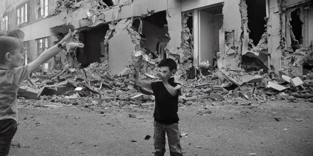 Image similar to a boy doing gun point hand gesture to a building that explode in the way he point at