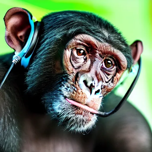 Image similar to a high quality photo of a green chimp wearing headphones, realism, 8k