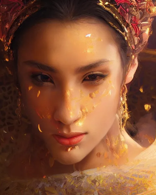 Prompt: Pride as a beautiful latino princess, gorgeous, portrait, powerful, intricate, beautiful, masterpiece, elegant, volumetric lighting, back lighting, rimlight, dramatic lighting, digital painting, highly detailed, artstation, sharp focus, illustration, Artgerm, Jean-Léon Gérôme , ruan jia