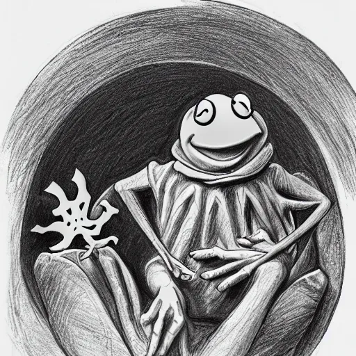 Image similar to Kermit the Frog in the deepest circle of Hell, in the style of the Divine Comedy by Dante Alighieri, pencil sketch