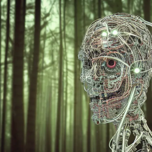 Image similar to very detailed portrait 55mm photo of a mechanical metallic head without skin, optic fiber nerves, gears in his head and cybernetic enhancements with no plating. Packed with cybernetics. Has cameras for eyes. In the forest with bokeh. Ray tracing and tessellation. Very sharp high detailed 8k image