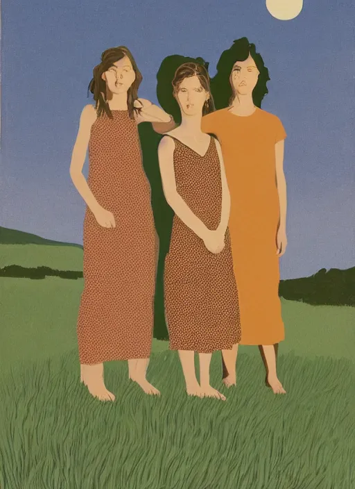 Image similar to composition by justine kurland, a zoomed out portrait of 3 beautiful tan skinned light brown hair girls in different pattern dresses in a scenic representation of mother nature and the meaning of life by billy childish, thick visible brush strokes, shadowy landscape painting in the background by beal gifford, vintage postcard illustration, minimalist cover art by mitchell hooks