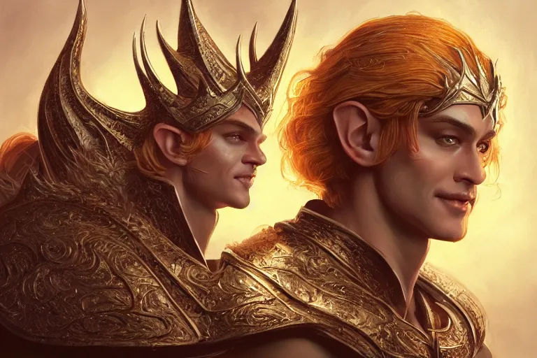 Image similar to A bright, happy painting of an Elven King, hyperrealistic, high-quality, professional, dramatic lighting, extremely high detail, trending on artstation