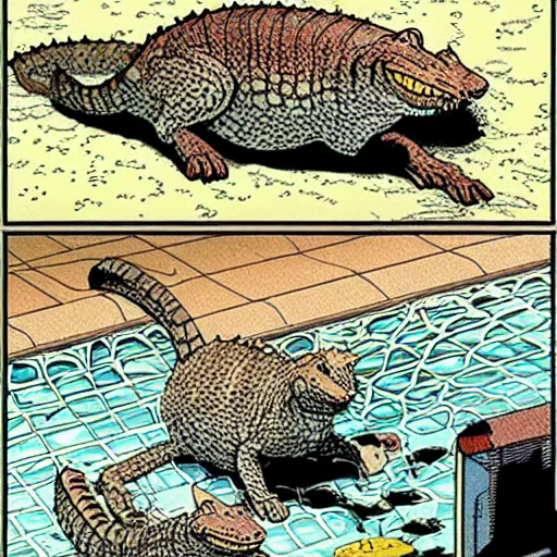 Image similar to tabby cat crocodile hybrid swimming pool “ geoff darrow ” “ katsuhiro otomo ”